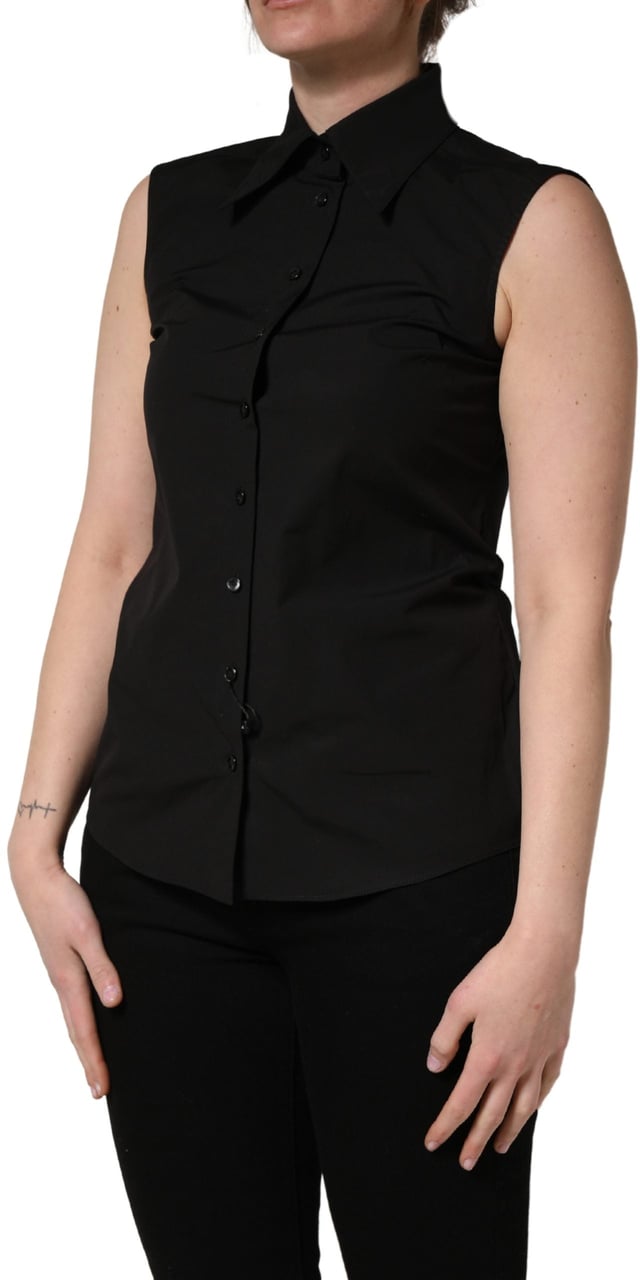 Dolce & Gabbana Black Cotton Sleeveless Collared Blouse Top Zwart