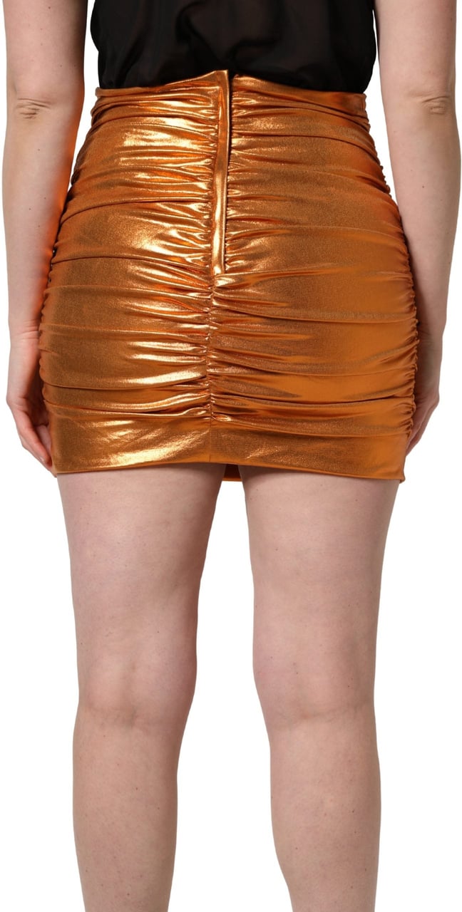 Dolce & Gabbana Metallic Orange Ruched Lame Bodycon Mini Skirt Oranje