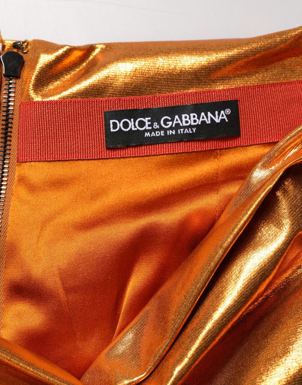 Dolce & Gabbana Metallic Orange Ruched Lame Bodycon Mini Skirt Oranje