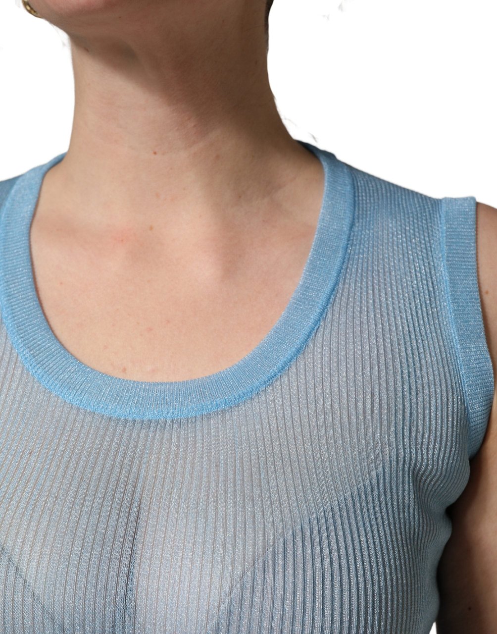 Dolce & Gabbana Blue Semi Sheer Ribbed Sleeveless Tank Top Blauw