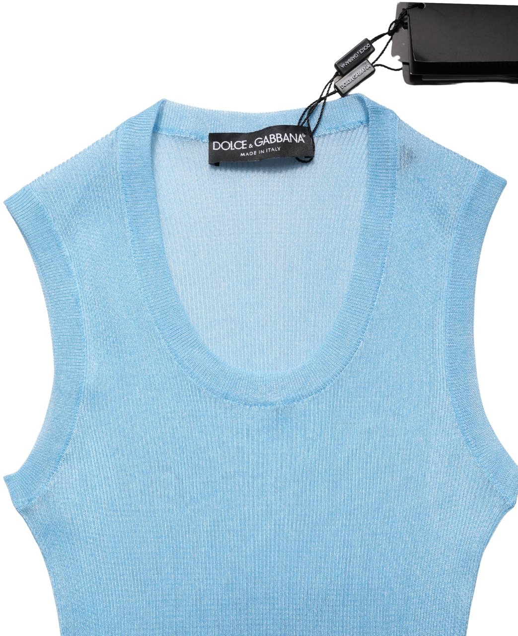 Dolce & Gabbana Blue Semi Sheer Ribbed Sleeveless Tank Top Blauw