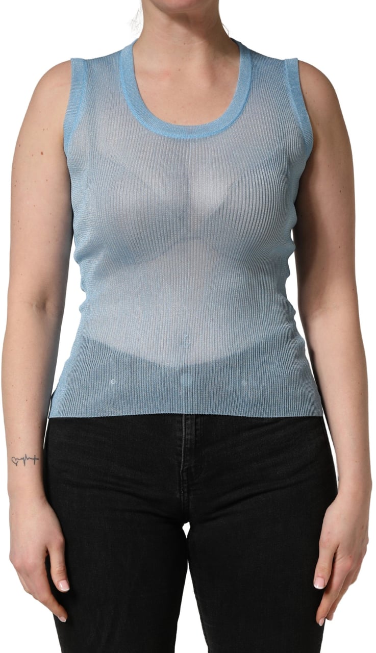 Dolce & Gabbana Blue Semi Sheer Ribbed Sleeveless Tank Top Blauw