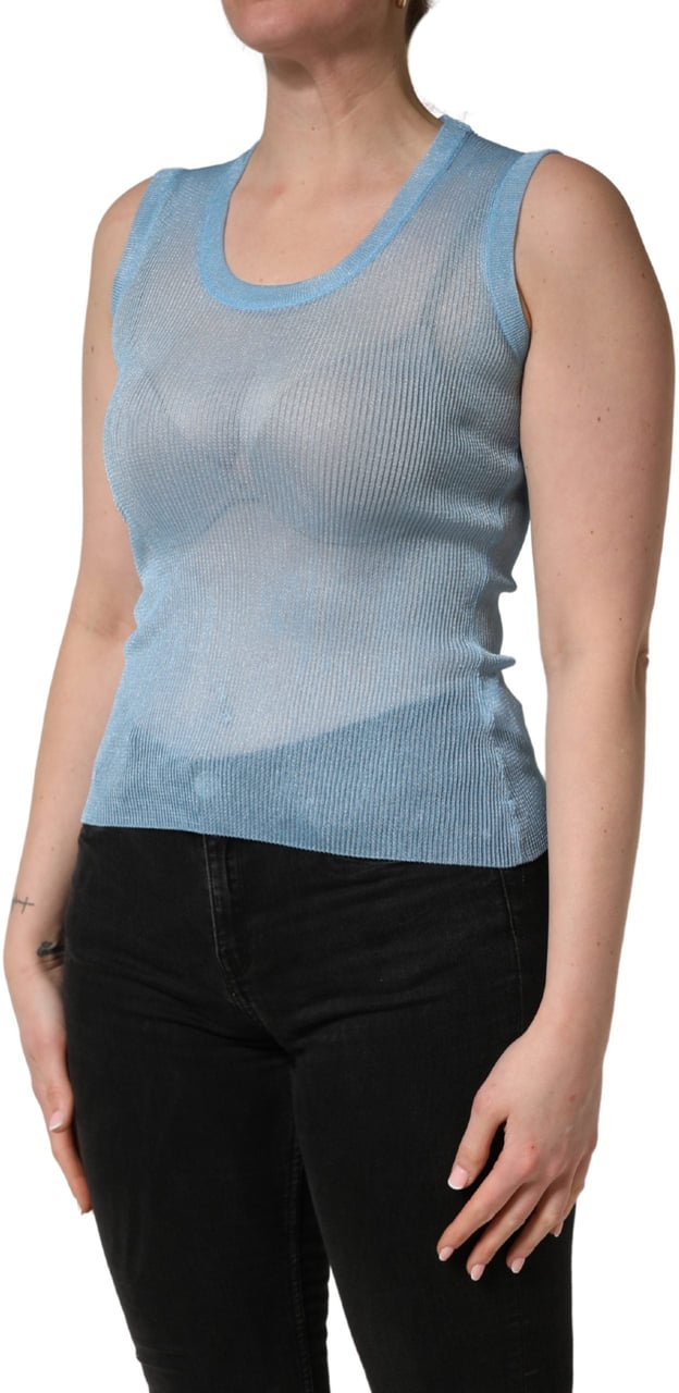 Dolce & Gabbana Blue Semi Sheer Ribbed Sleeveless Tank Top Blauw