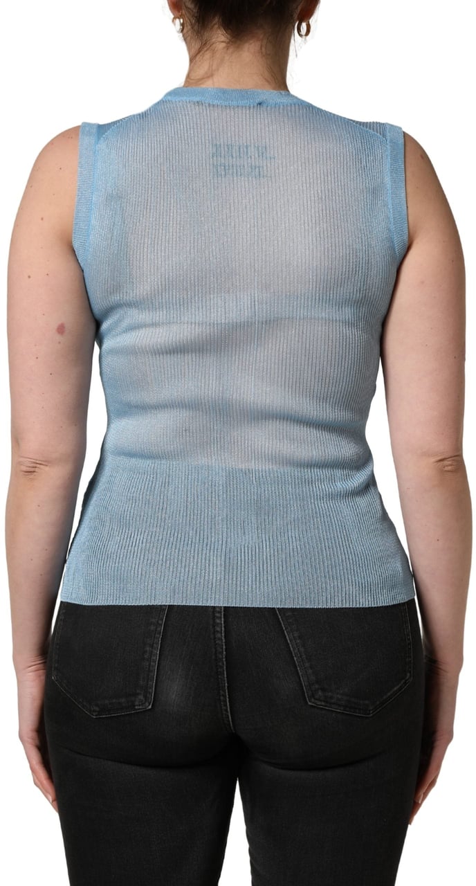 Dolce & Gabbana Blue Semi Sheer Ribbed Sleeveless Tank Top Blauw