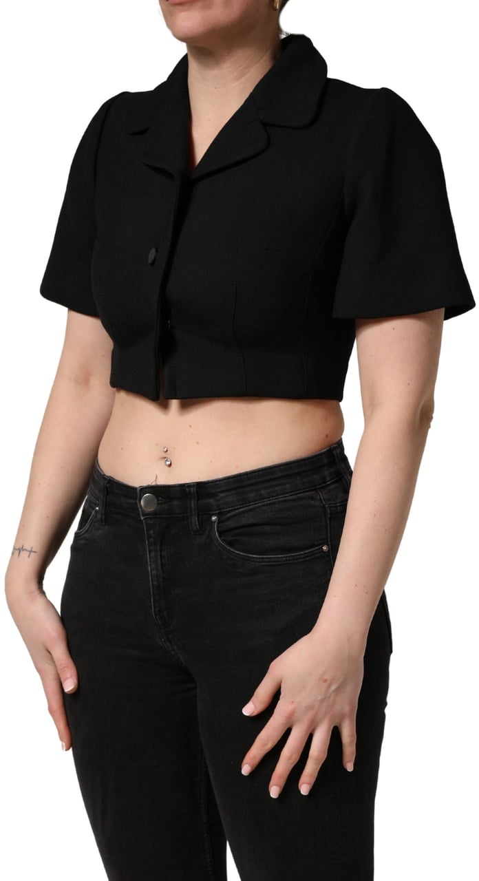 Dolce & Gabbana Black Collared Short Sleeves Cropped Blouse Top Zwart