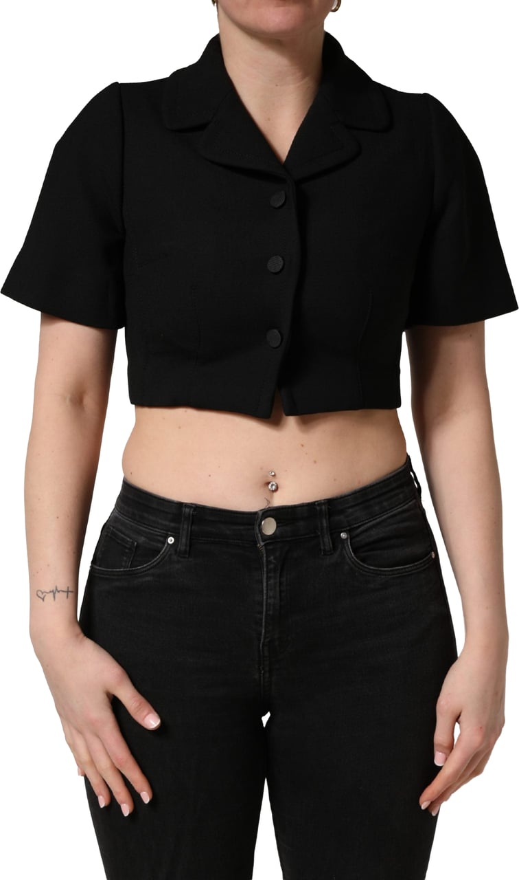 Dolce & Gabbana Black Collared Short Sleeves Cropped Blouse Top Zwart