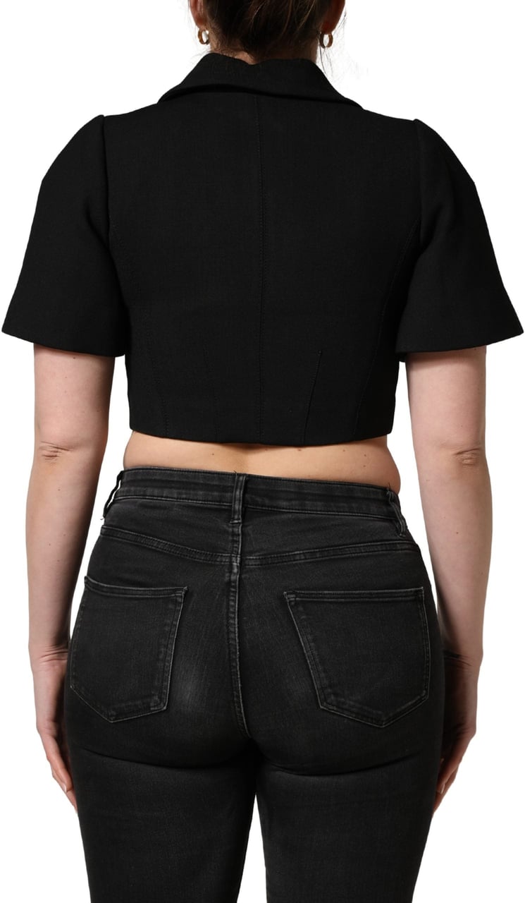 Dolce & Gabbana Black Collared Short Sleeves Cropped Blouse Top Zwart