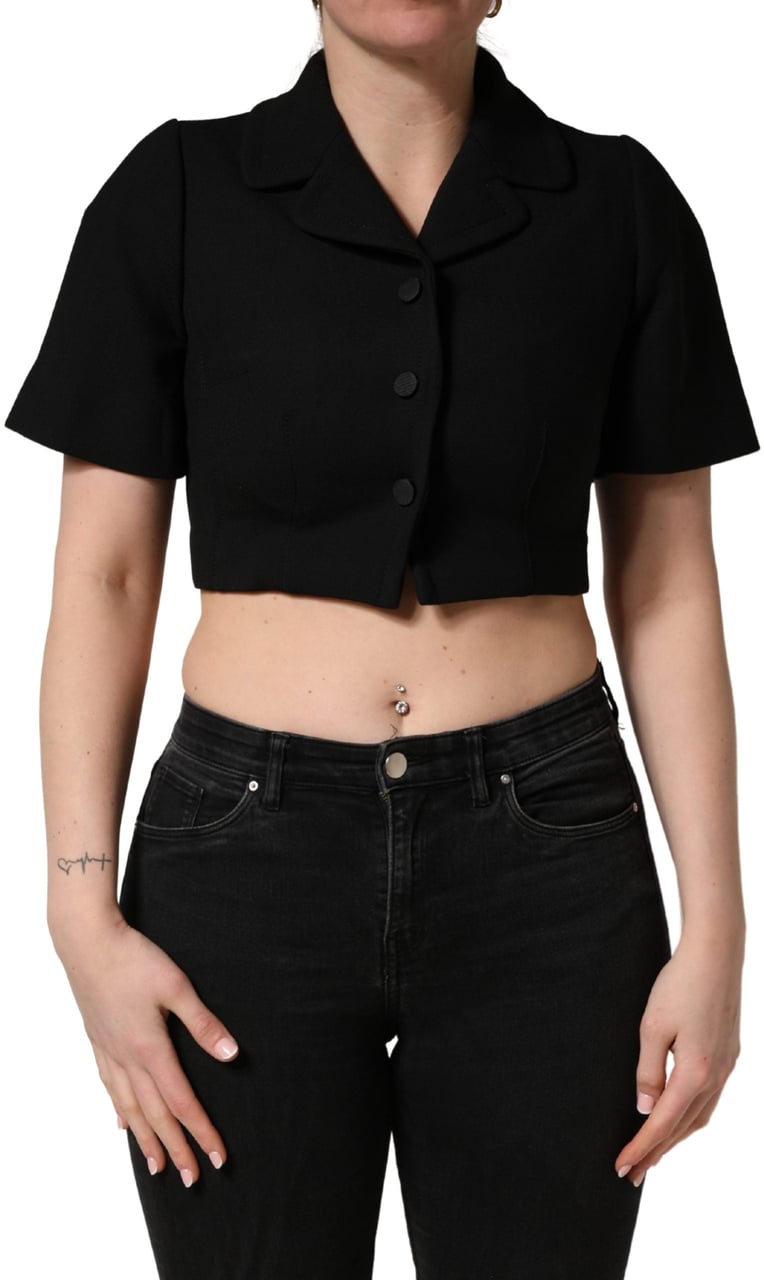 Dolce & Gabbana Black Collared Short Sleeves Cropped Blouse Top Zwart