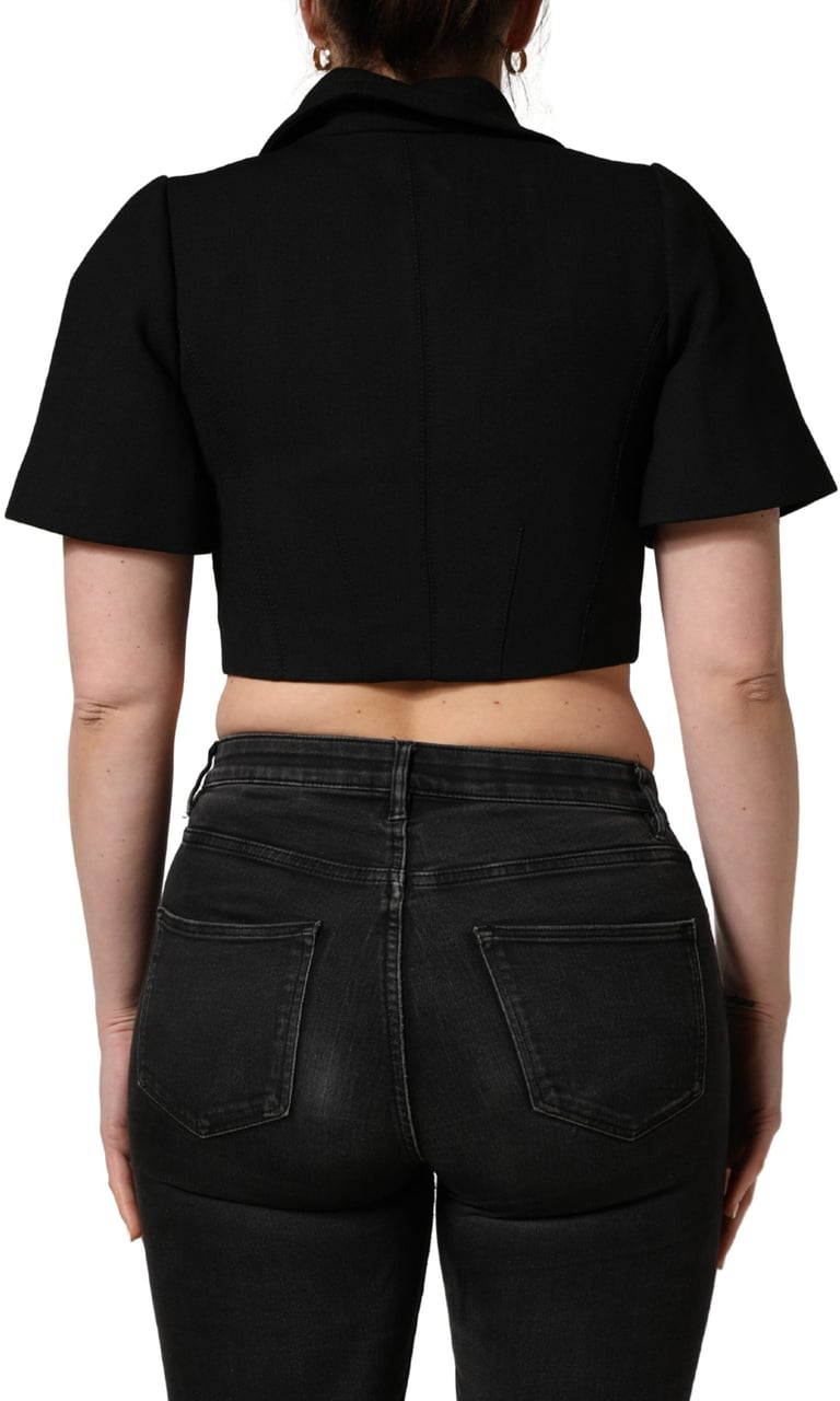 Dolce & Gabbana Black Collared Short Sleeves Cropped Blouse Top Zwart