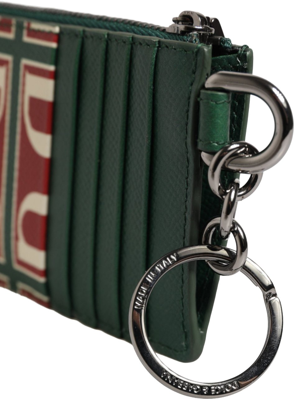 Dolce & Gabbana Green Calf Leather Logo Print Monogram Card Holder Wallet Groen