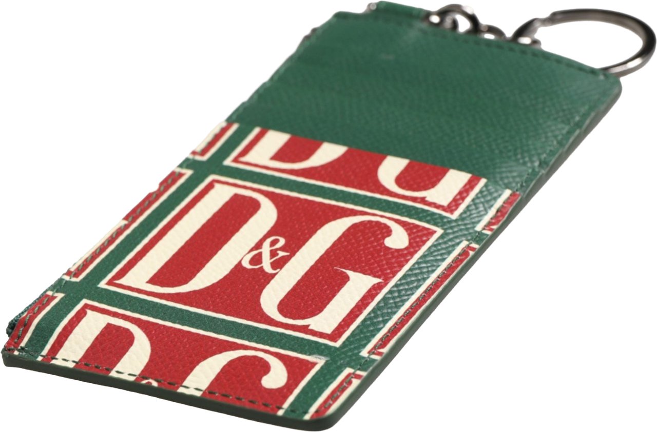 Dolce & Gabbana Green Calf Leather Logo Print Monogram Card Holder Wallet Groen