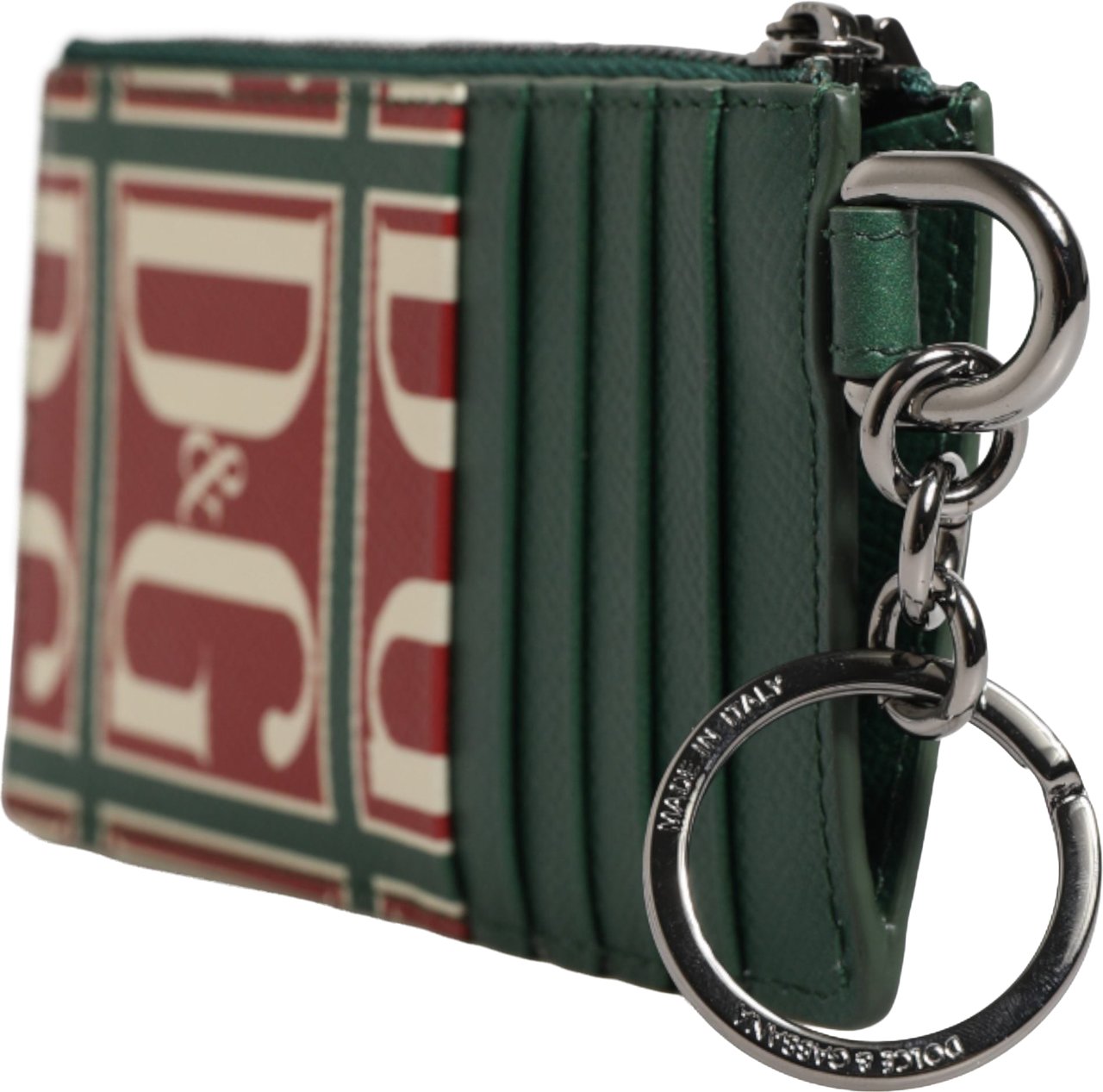 Dolce & Gabbana Green Calf Leather Logo Print Monogram Card Holder Wallet Groen