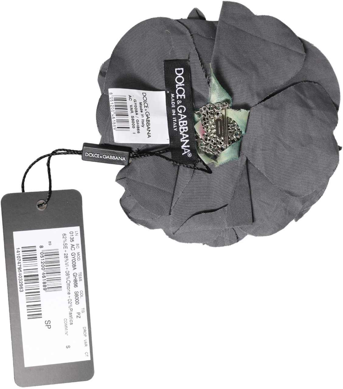 Dolce & Gabbana Gray Floral Motif Silk Blend Poplin Fabric Bar Pin Brooch Grijs