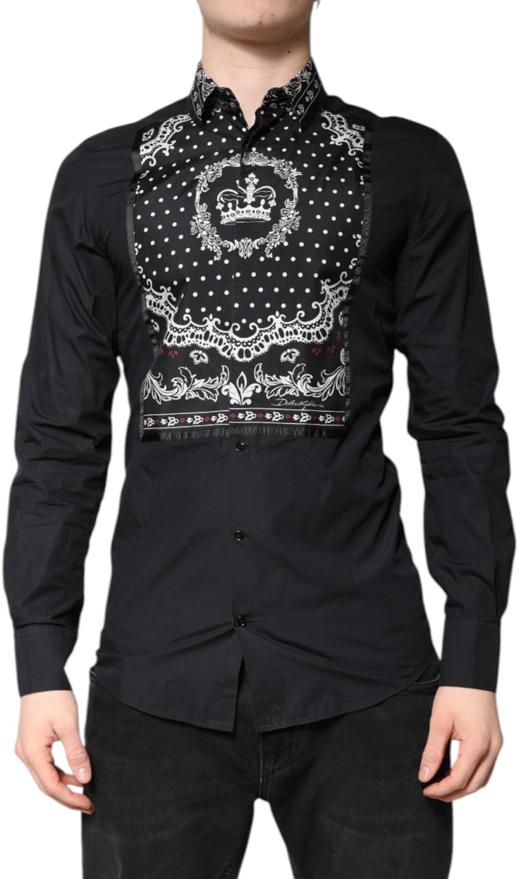 Dolce & Gabbana Black White Bandana GOLD Formal Dress Shirt Zwart