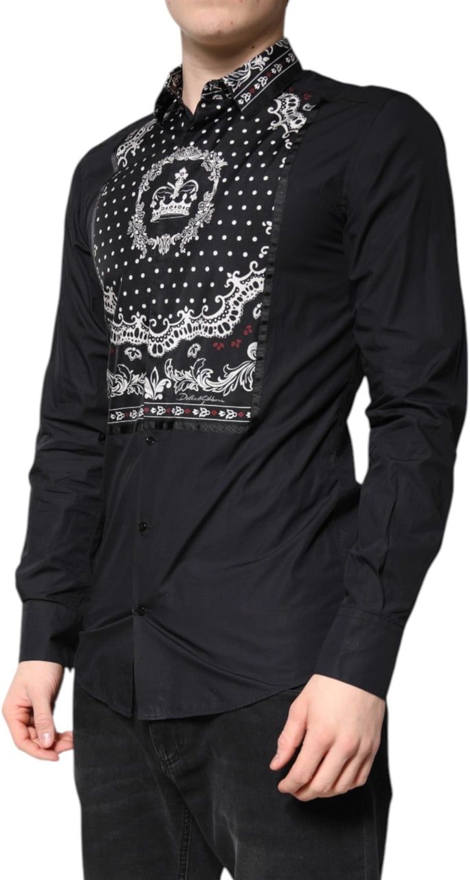Dolce & Gabbana Black White Bandana GOLD Formal Dress Shirt Zwart
