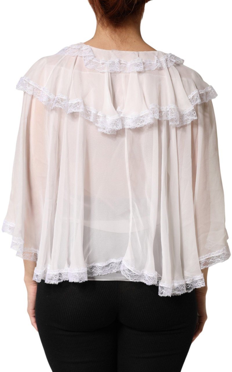 Dolce & Gabbana White LongSleeve Lace Trim Ruffled Blouse Top Wit