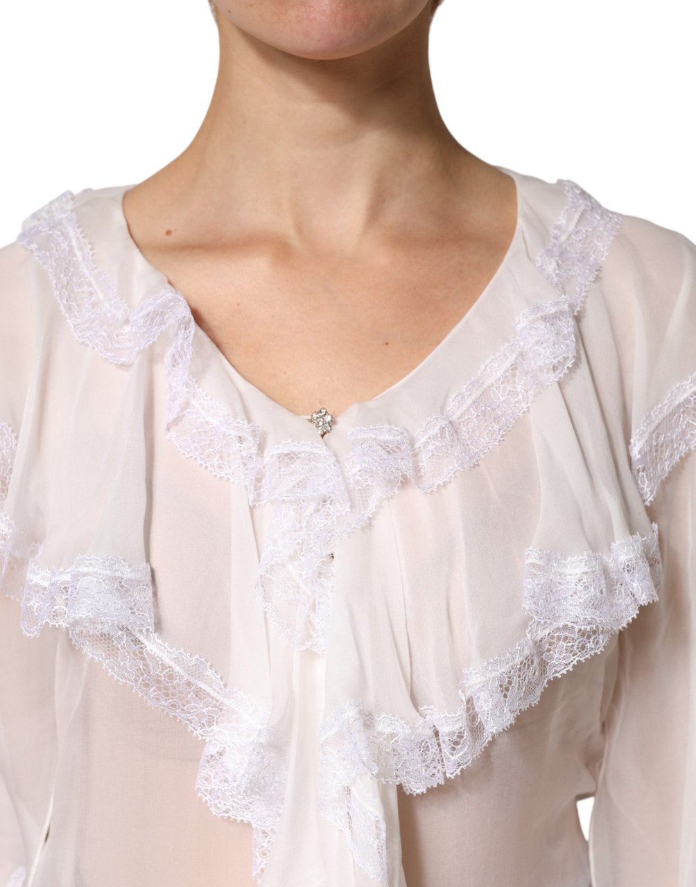 Dolce & Gabbana White LongSleeve Lace Trim Ruffled Blouse Top Wit