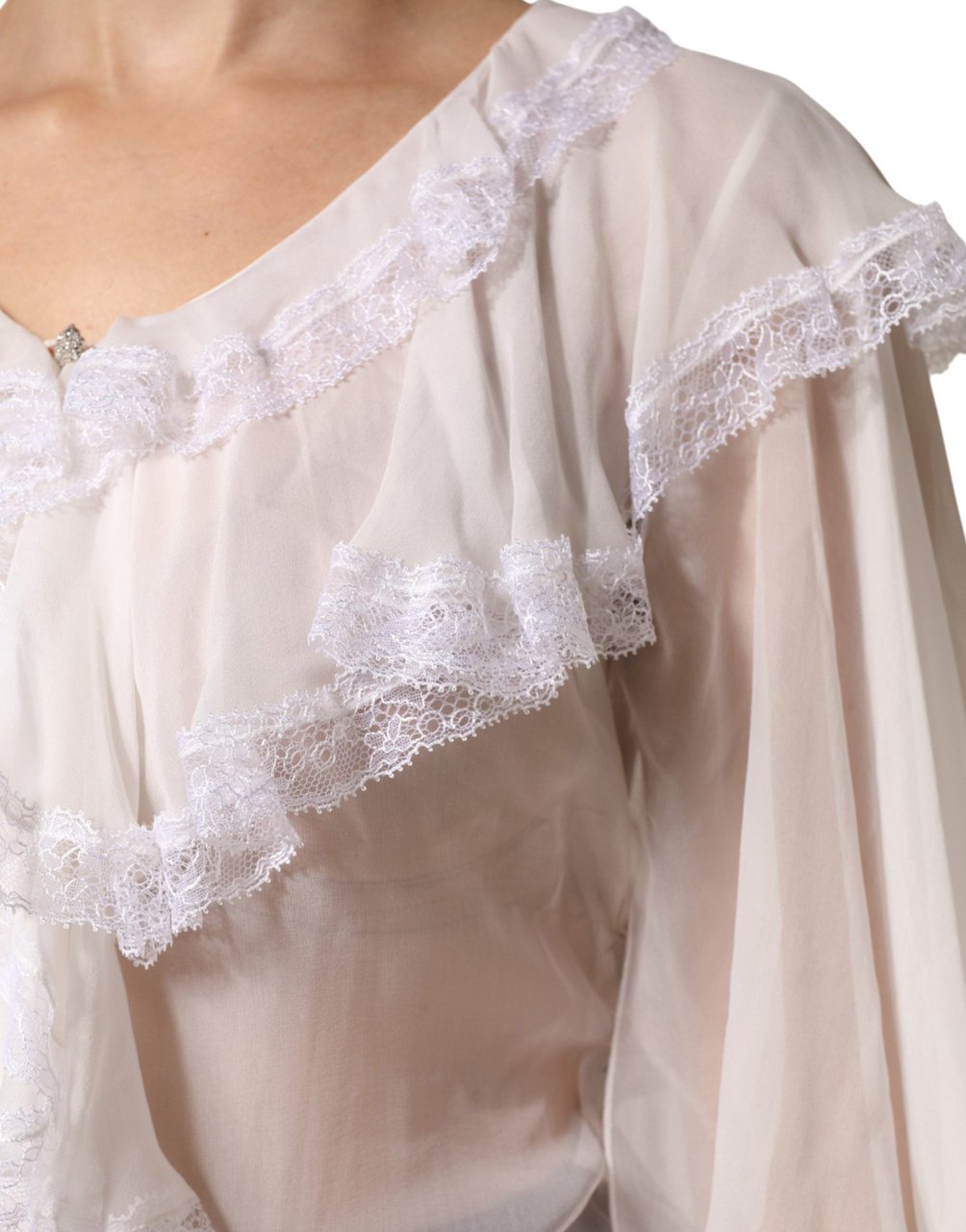 Dolce & Gabbana White LongSleeve Lace Trim Ruffled Blouse Top Wit