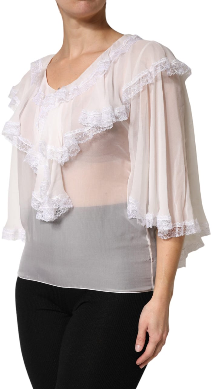 Dolce & Gabbana White LongSleeve Lace Trim Ruffled Blouse Top Wit