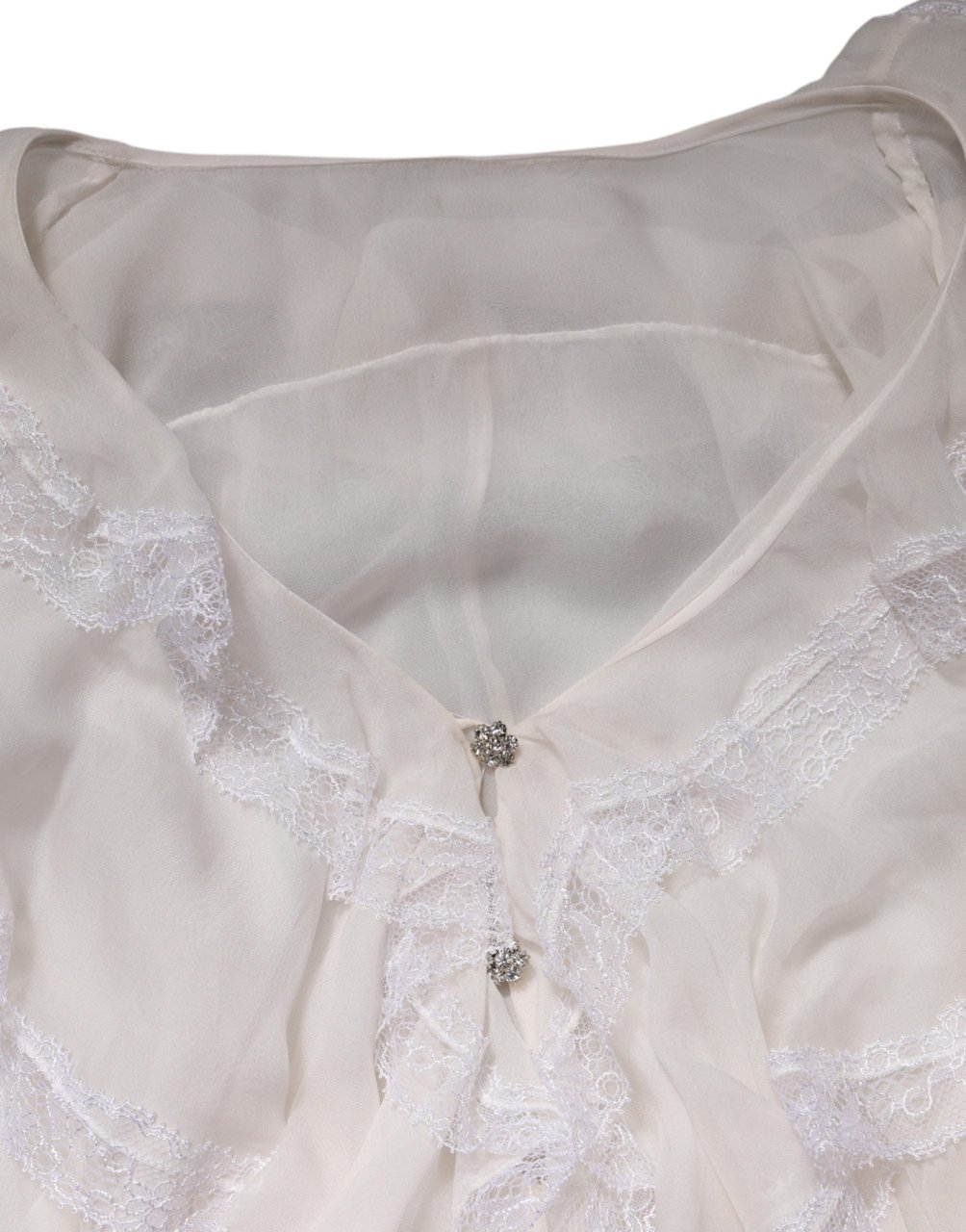 Dolce & Gabbana White LongSleeve Lace Trim Ruffled Blouse Top Wit