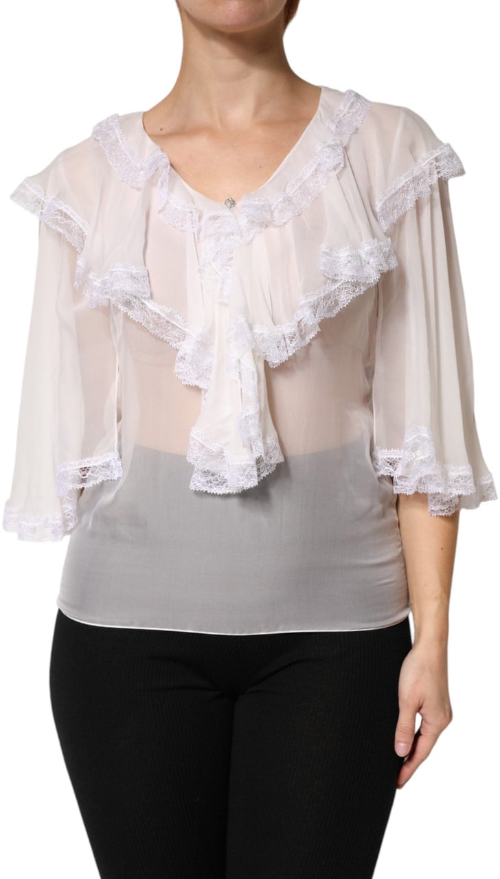Dolce & Gabbana White LongSleeve Lace Trim Ruffled Blouse Top Wit