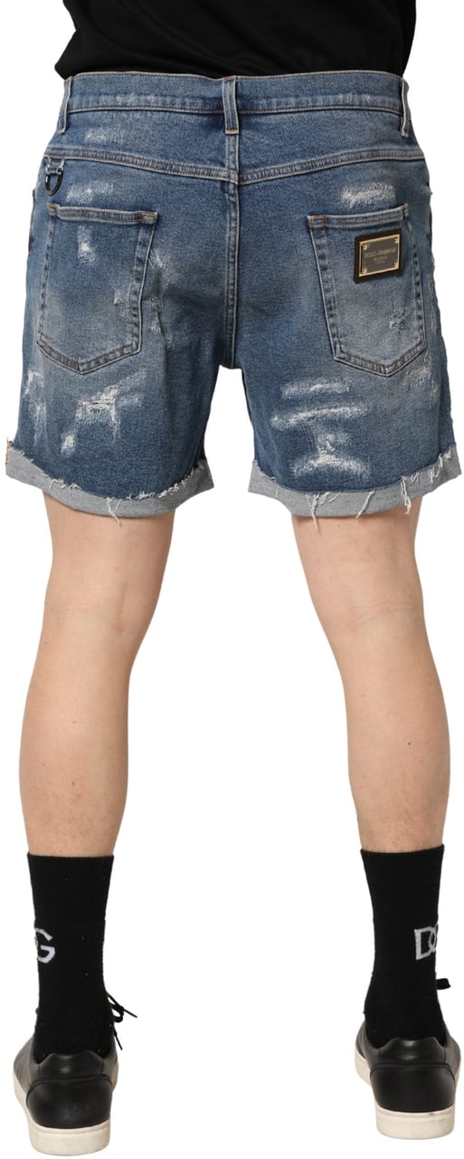 Dolce & Gabbana Blue Cotton Distressed Denim Bermuda Shorts Blauw