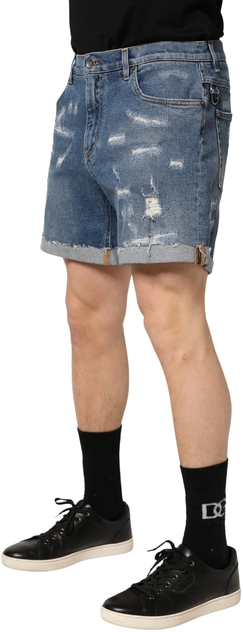 Dolce & Gabbana Blue Cotton Distressed Denim Bermuda Shorts Blauw