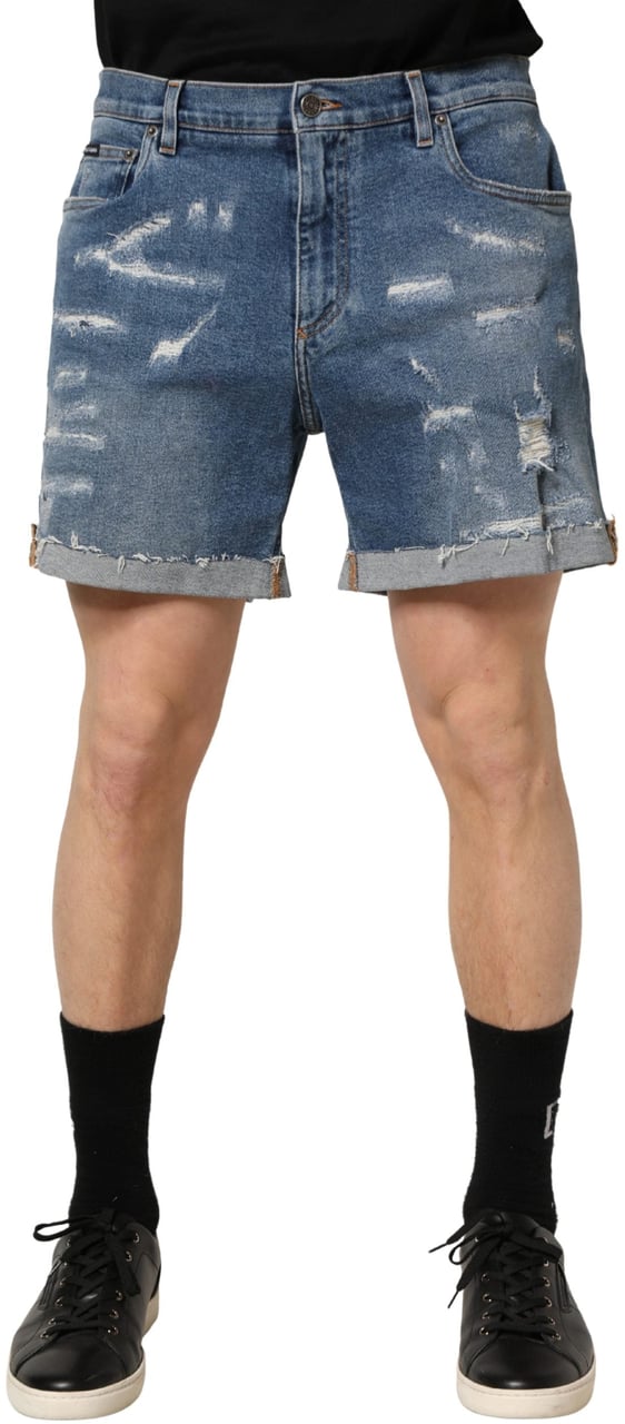 Dolce & Gabbana Blue Cotton Distressed Denim Bermuda Shorts Blauw