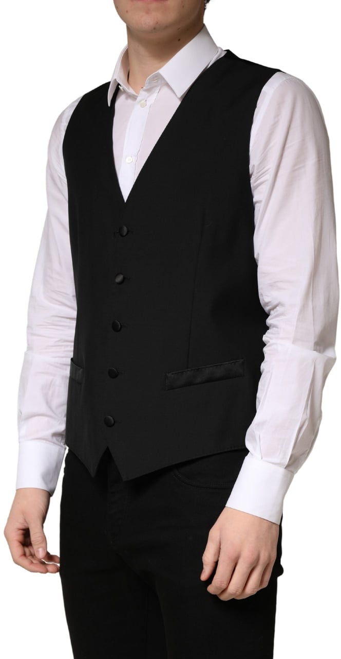 Dolce & Gabbana Black Wool Single Breasted Men Waistcoat Vest Zwart