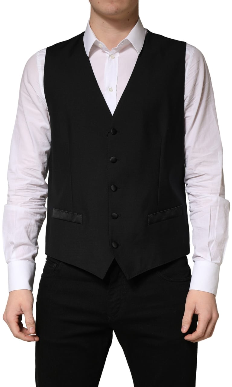 Dolce & Gabbana Black Wool Single Breasted Men Waistcoat Vest Zwart