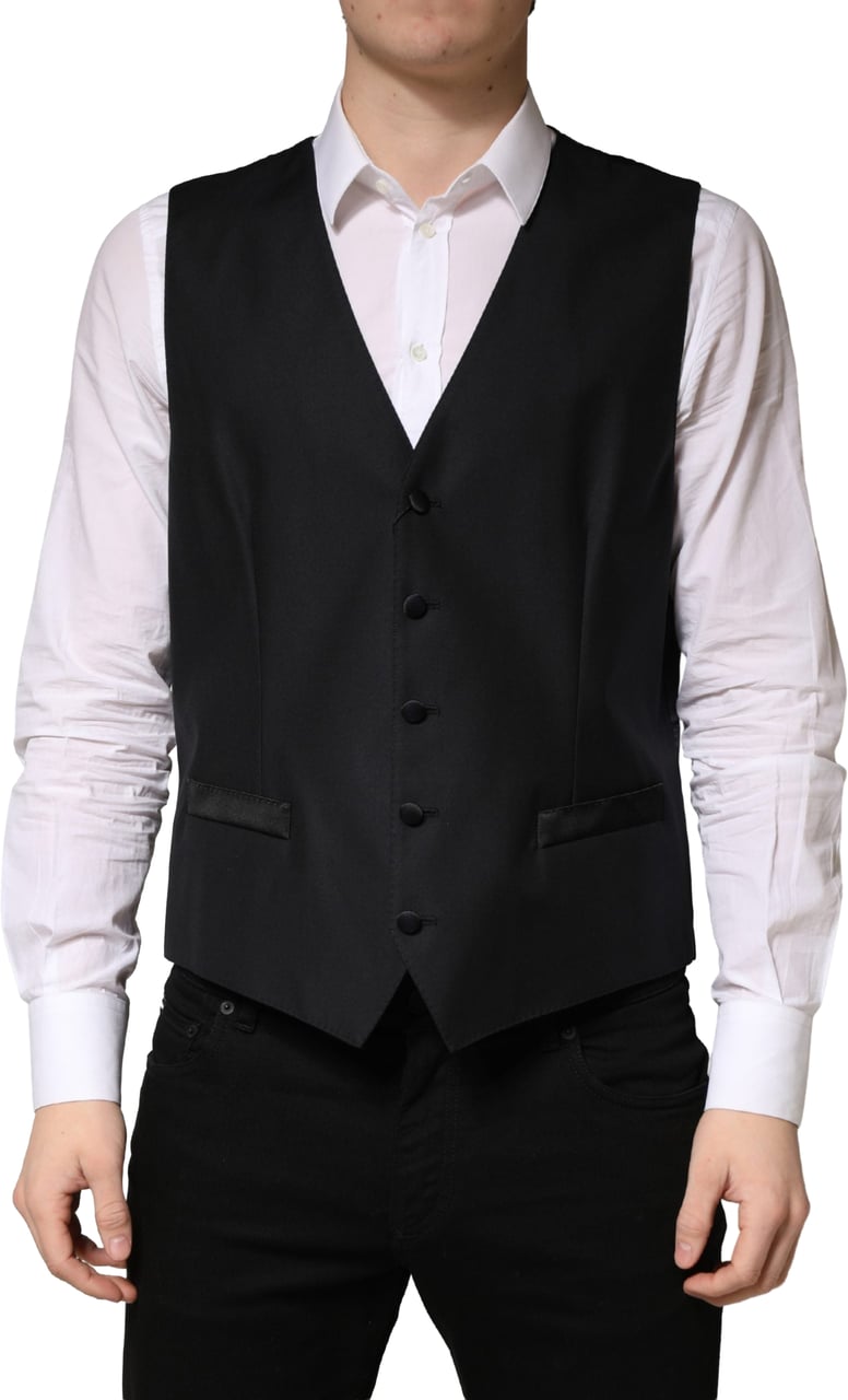 Dolce & Gabbana Black Wool Single Breasted Men Waistcoat Vest Zwart