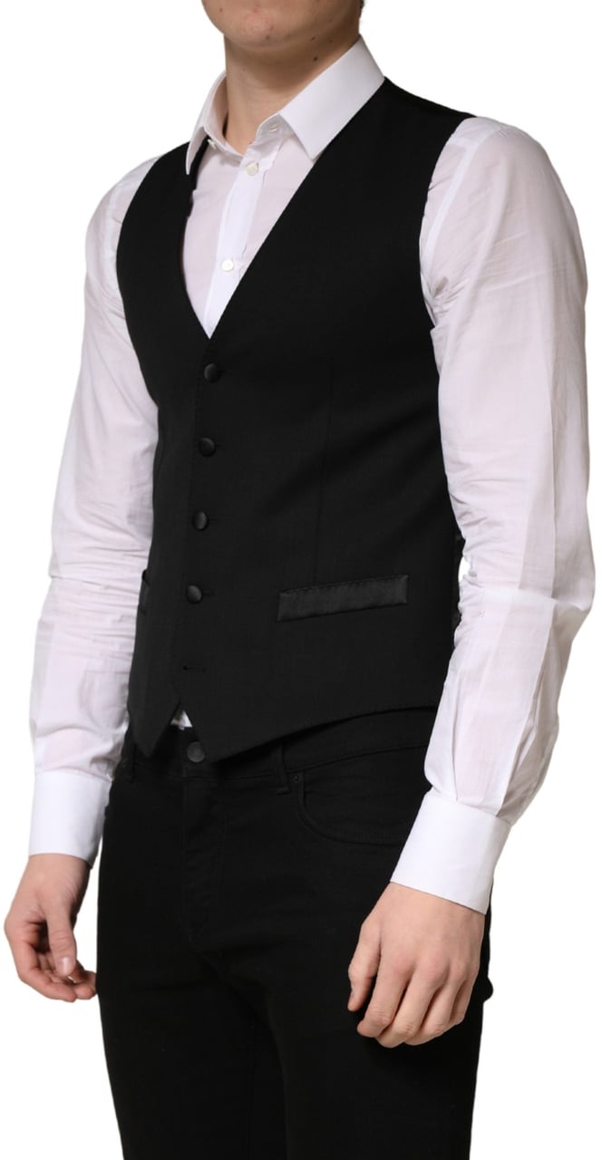 Dolce & Gabbana Black Wool Single Breasted Men Waistcoat Vest Zwart