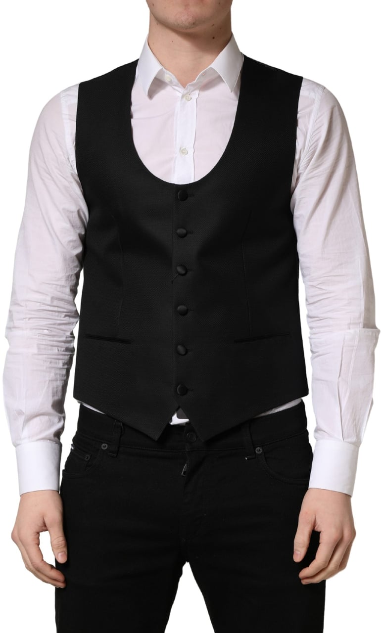 Dolce & Gabbana Black Wool Single Breasted Waistcoat Vest Zwart