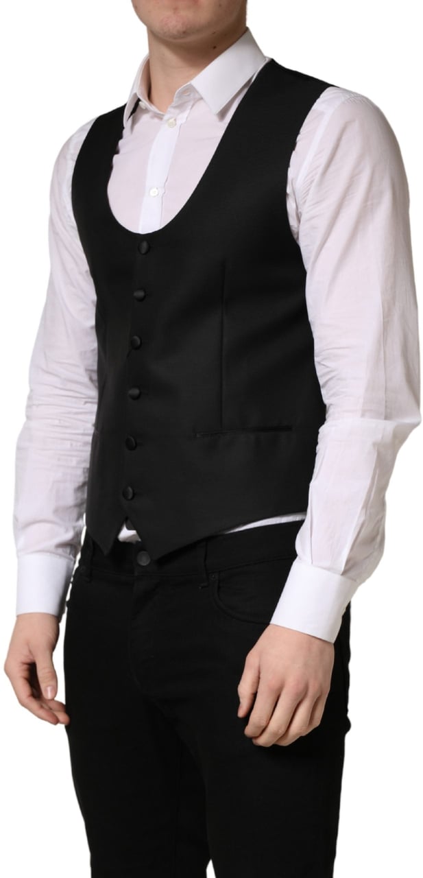 Dolce & Gabbana Black Wool Single Breasted Waistcoat Vest Zwart