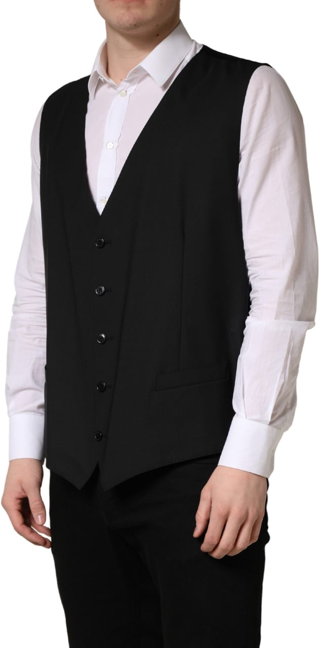 Dolce & Gabbana Black Wool Single Breasted Waistcoat Vest Zwart