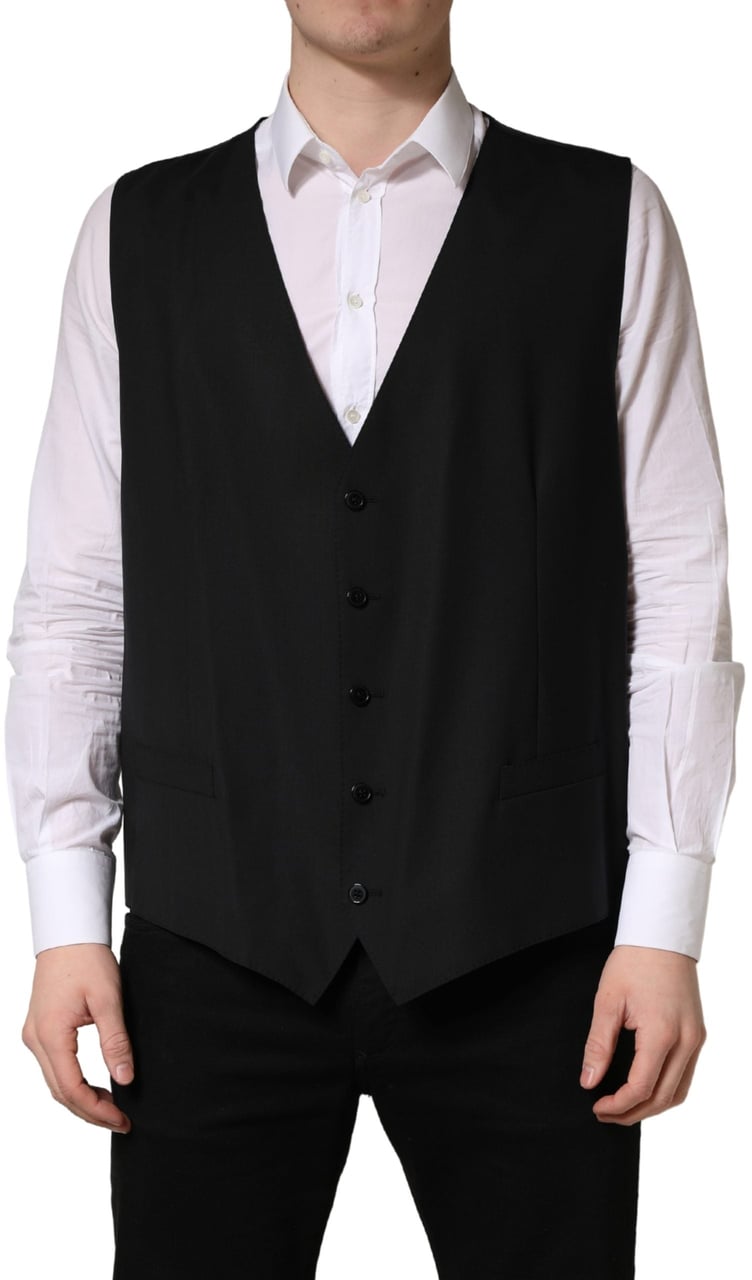 Dolce & Gabbana Black Wool Single Breasted Waistcoat Vest Zwart