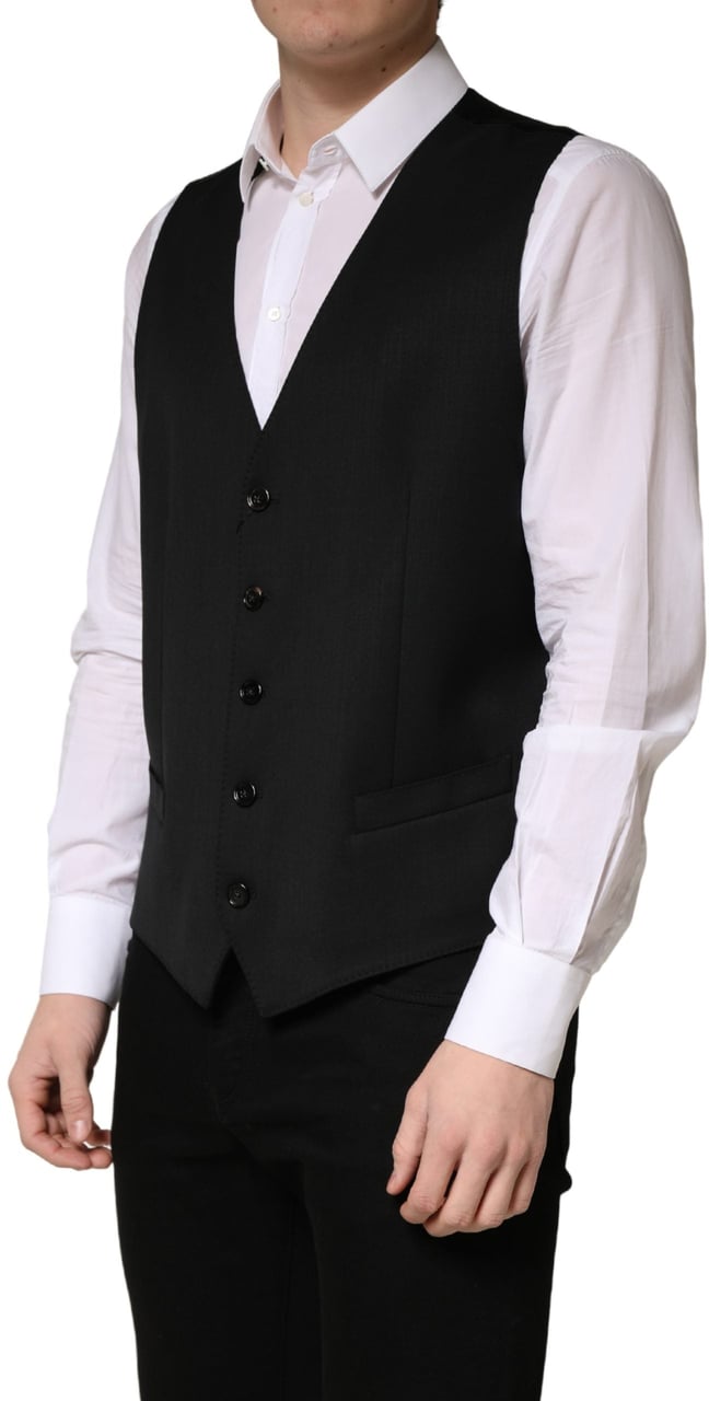 Dolce & Gabbana Black Wool Single Breasted Men Waistcoat Vest Zwart