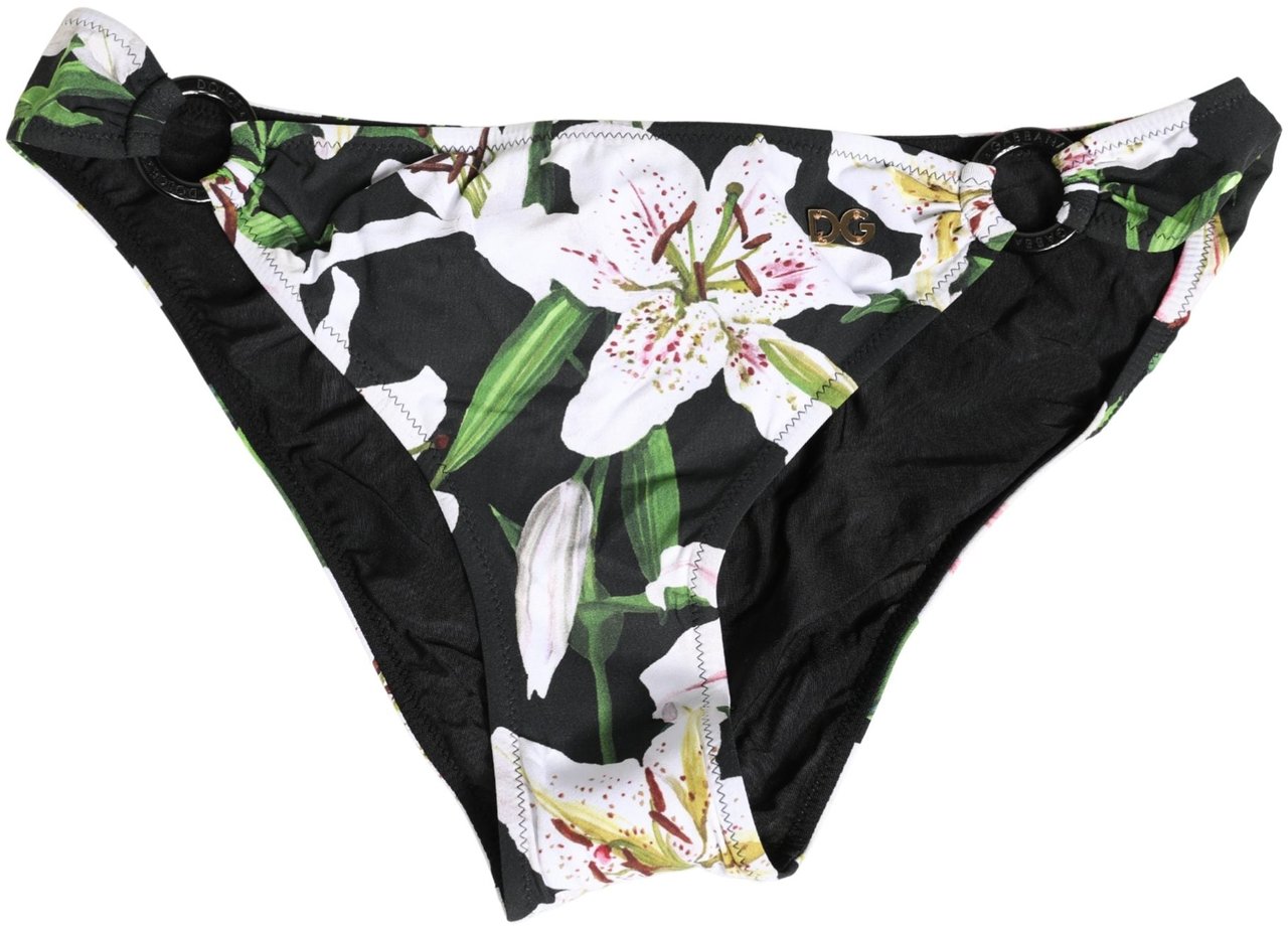 Dolce & Gabbana Black Lily Print Nylon Bottom Beachwear Swimwear Zwart
