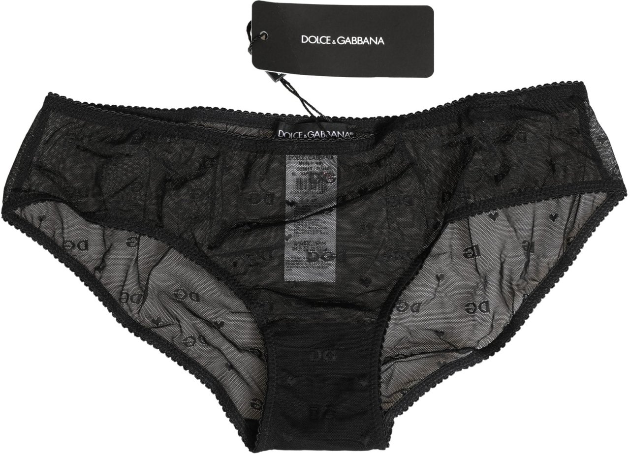 Dolce & Gabbana Black Sheer Mesh Lace Logo Brief Panty Underwear Zwart