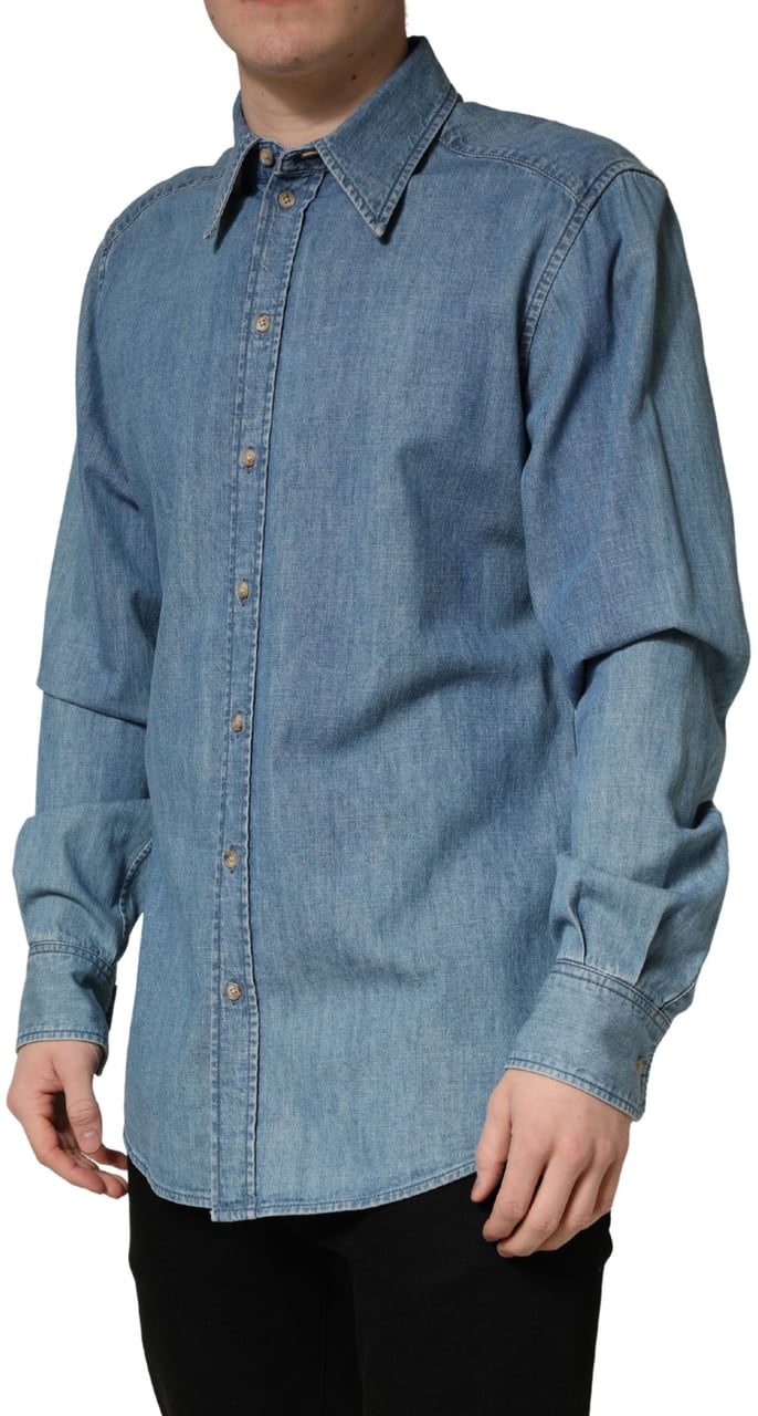 Dolce & Gabbana Blue Cotton Stretch Casual Denim Slim Shirt Blauw