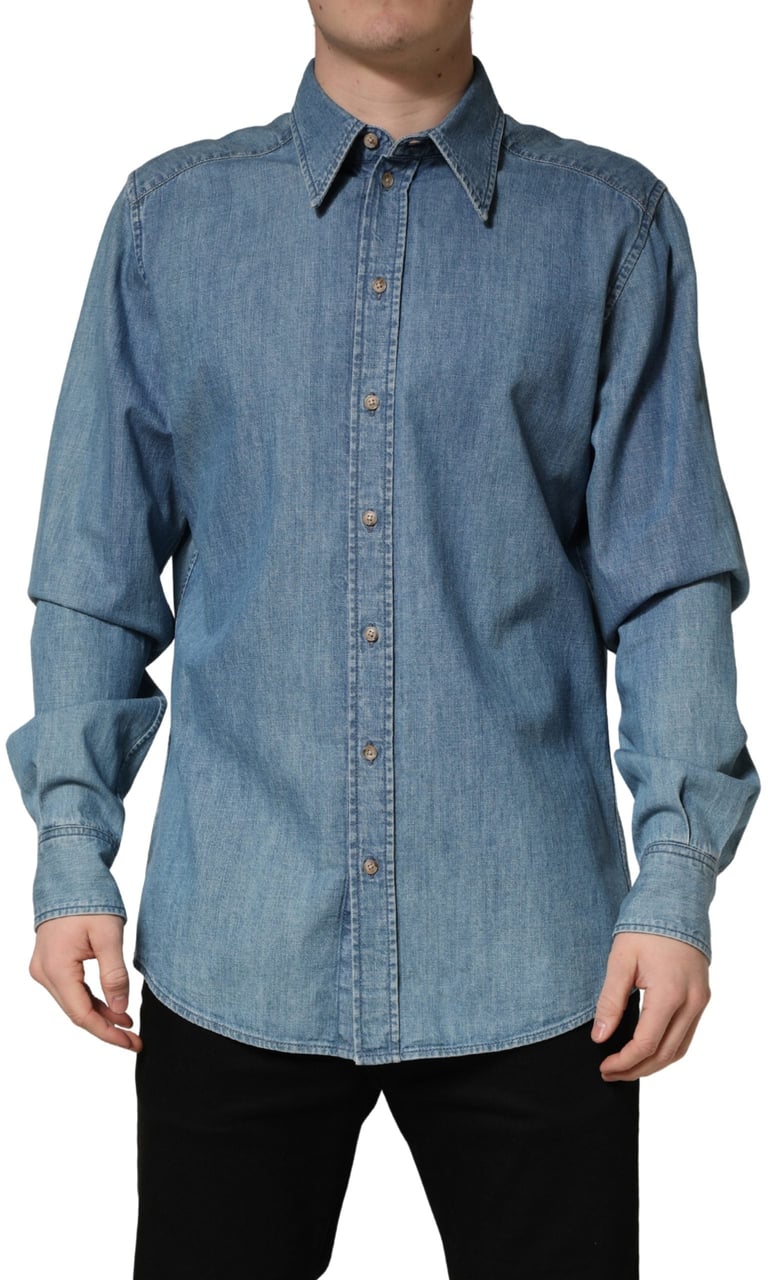 Dolce & Gabbana Blue Cotton Stretch Casual Denim Slim Shirt Blauw