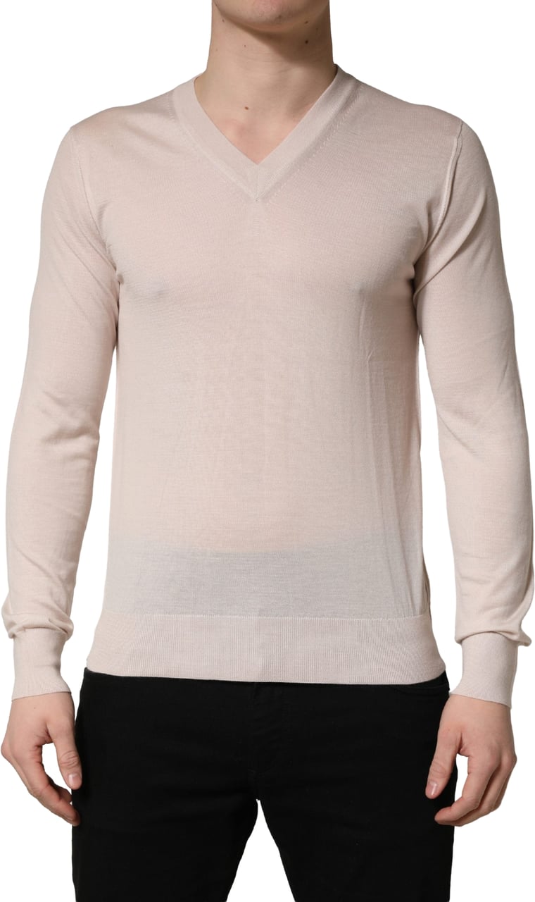 Dolce & Gabbana Beige Cashmere V-neck Men Pullover Sweater Maroon