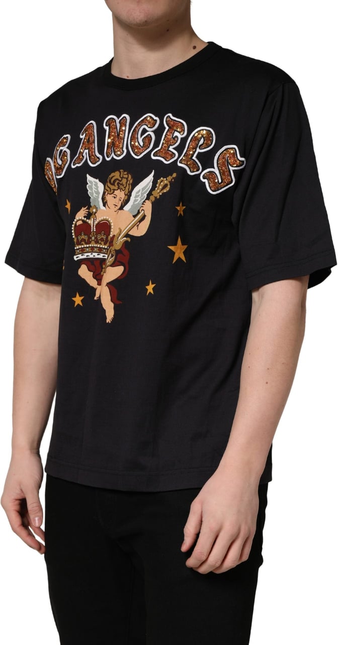 Dolce & Gabbana Black Angel Print Cotton Crew Neck T-shirt Zwart