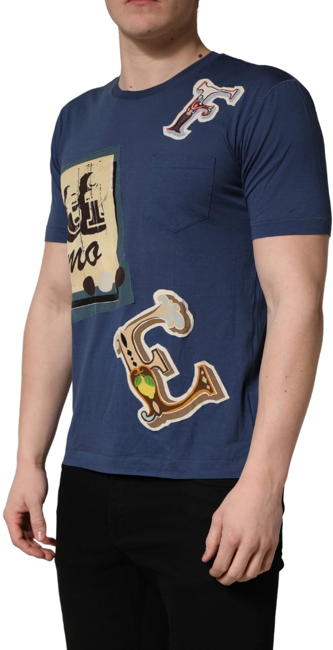 Dolce & Gabbana Navy Blue Cotton Graphic Crew Neck T-shirt Navy