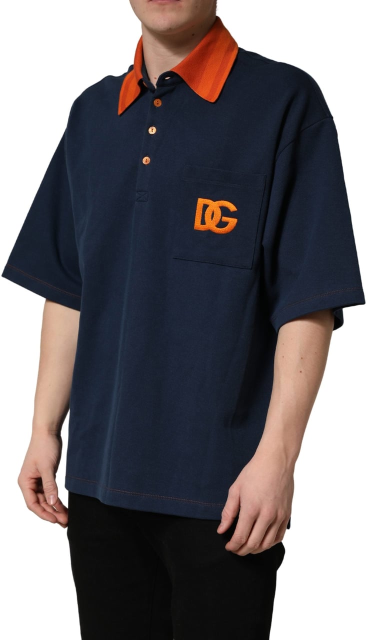 Dolce & Gabbana Navy Blue Cotton Logo Short Sleeves Men Polo T-shirt Blauw