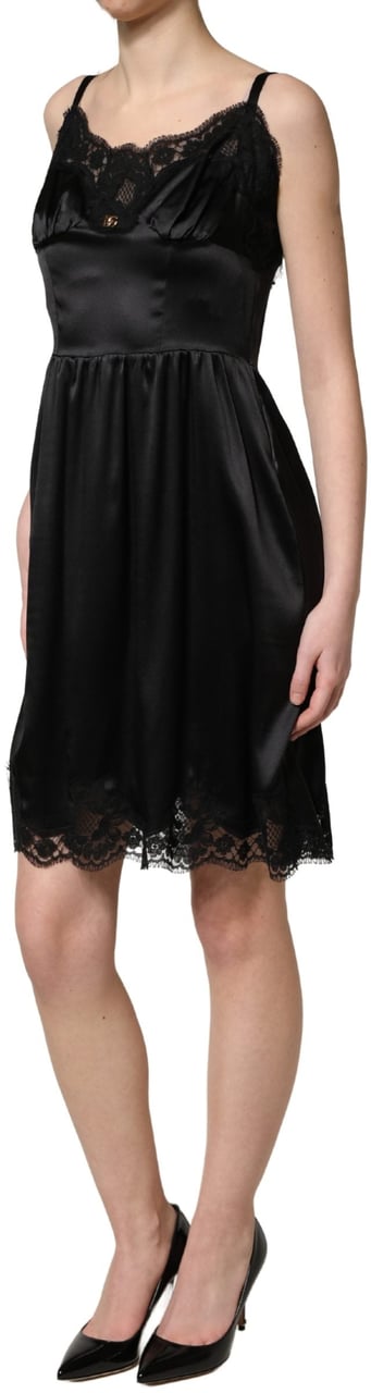 Dolce & Gabbana Black Silk Satin Lace Sleeveless Mini Dress Zwart