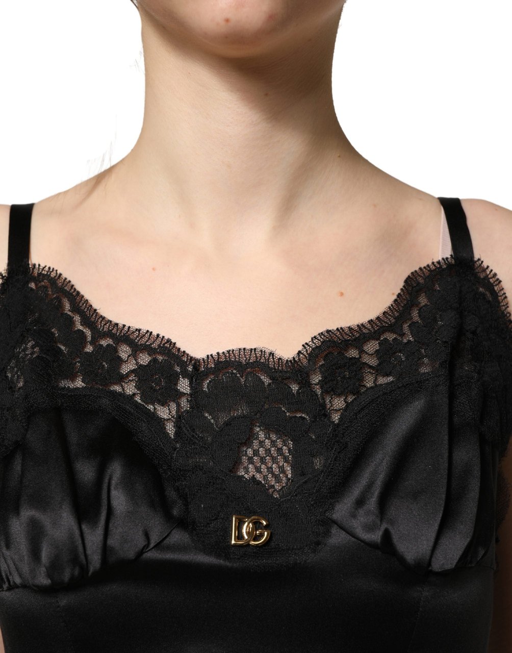 Dolce & Gabbana Black Silk Satin Lace Sleeveless Mini Dress Zwart