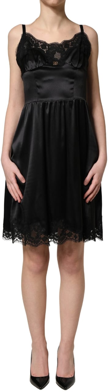 Dolce & Gabbana Black Silk Satin Lace Sleeveless Mini Dress Zwart