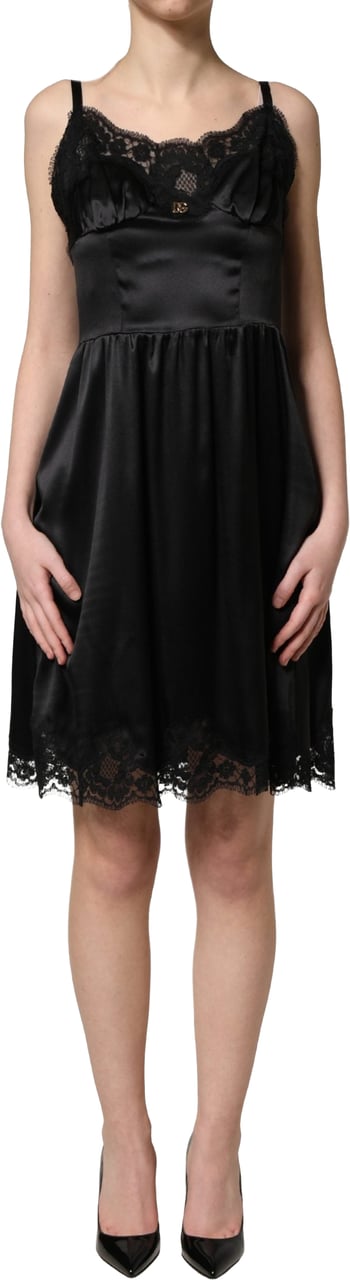 Dolce & Gabbana Black Silk Satin Lace Sleeveless Mini Dress Zwart