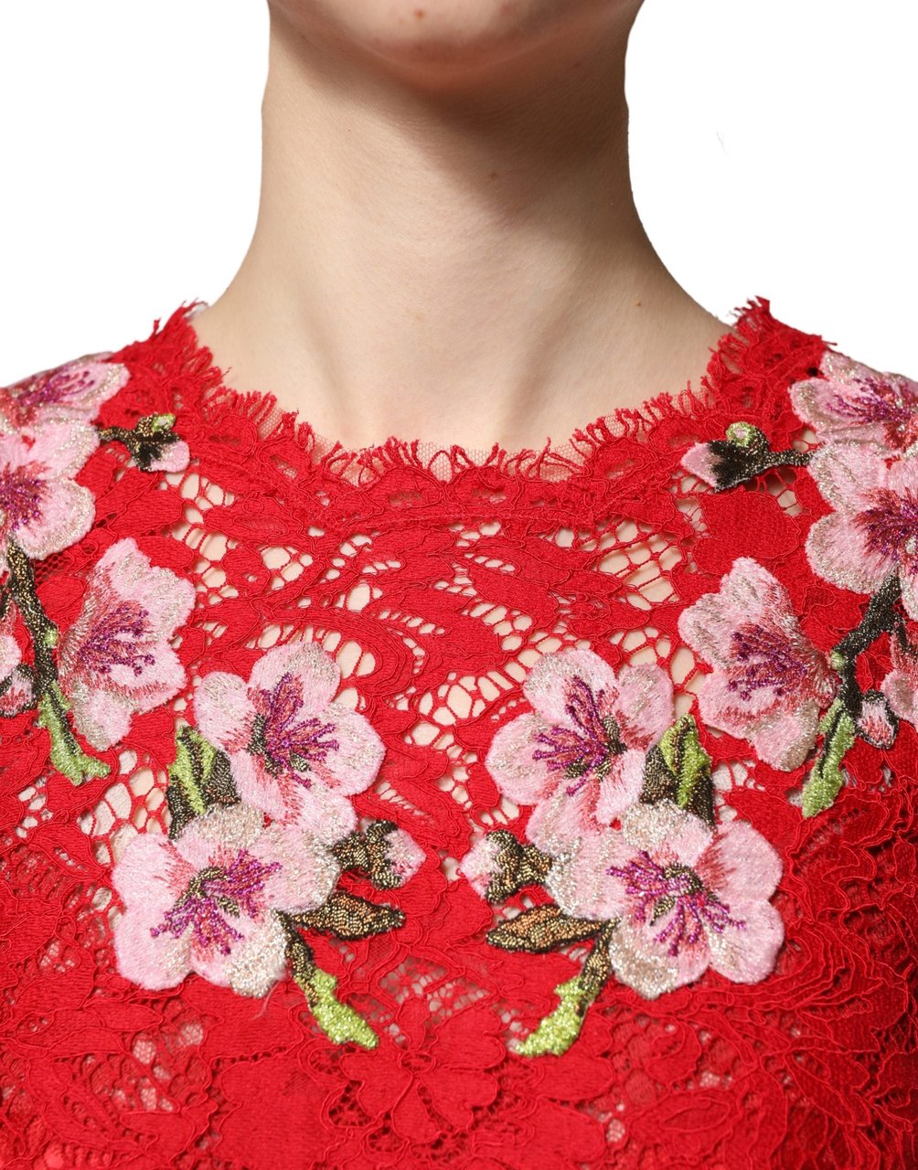 Dolce & Gabbana Red Lace Floral Embroidery Long Sleeves Top Rood